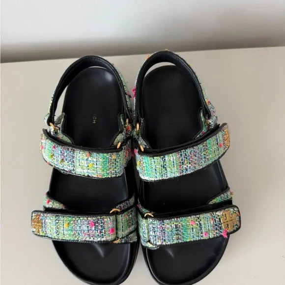 Tory Burch Tweed Platform Sandals in Mint Multi and Black - Picture 2 of 7